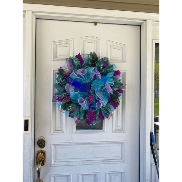 Peacock Feathers Deco Mesh Ribbon Wreath Year Round Everyday Wall Hanger Decor - Picture 9 of 9